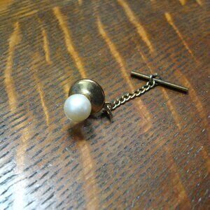 Mid Century Antique Faux Pearl Gold Tie Tack Lapel Pin